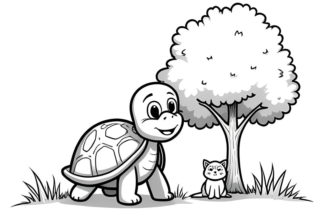 Simple children's coloring page of a superhero turtle helping a kitten in a tree, perfect for toddlers
