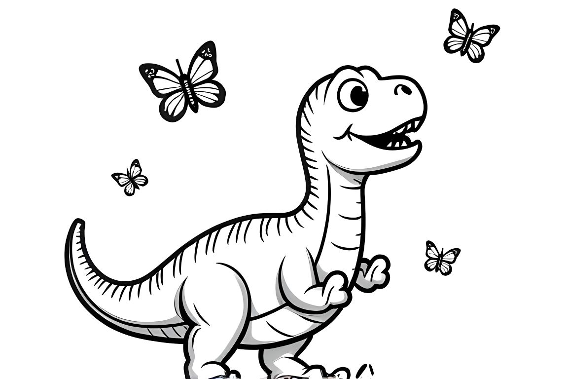 Simple children's coloring book illustration of a T-Rex watching butterflies, perfect for toddlers
