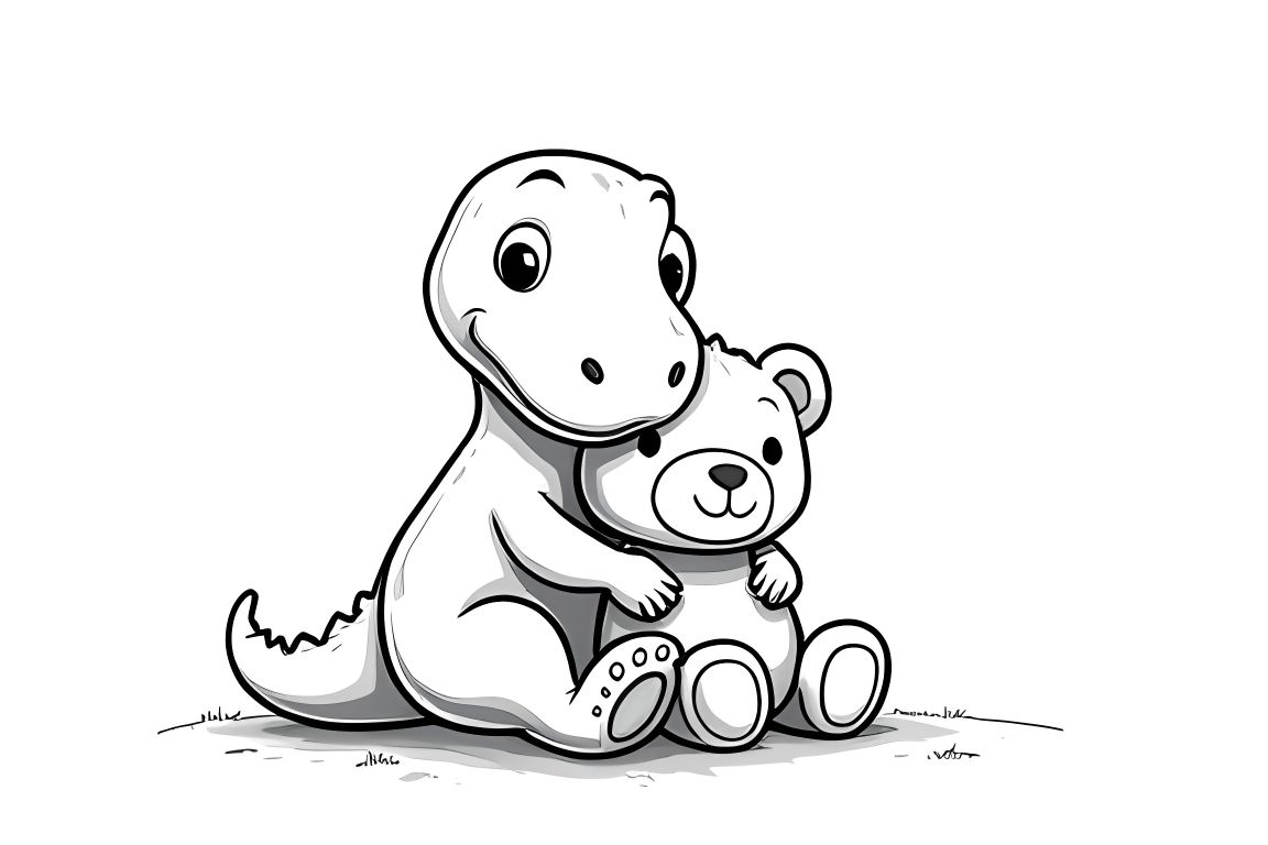 Simple children's coloring book illustration of a friendly T-Rex holding a teddy bear, perfect for toddlers