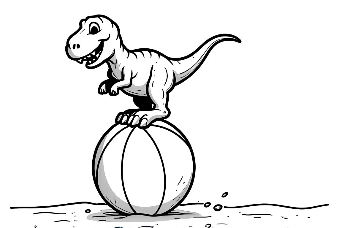 Simple children's coloring book page of a T-Rex playing with a big beach ball, perfect for toddlers