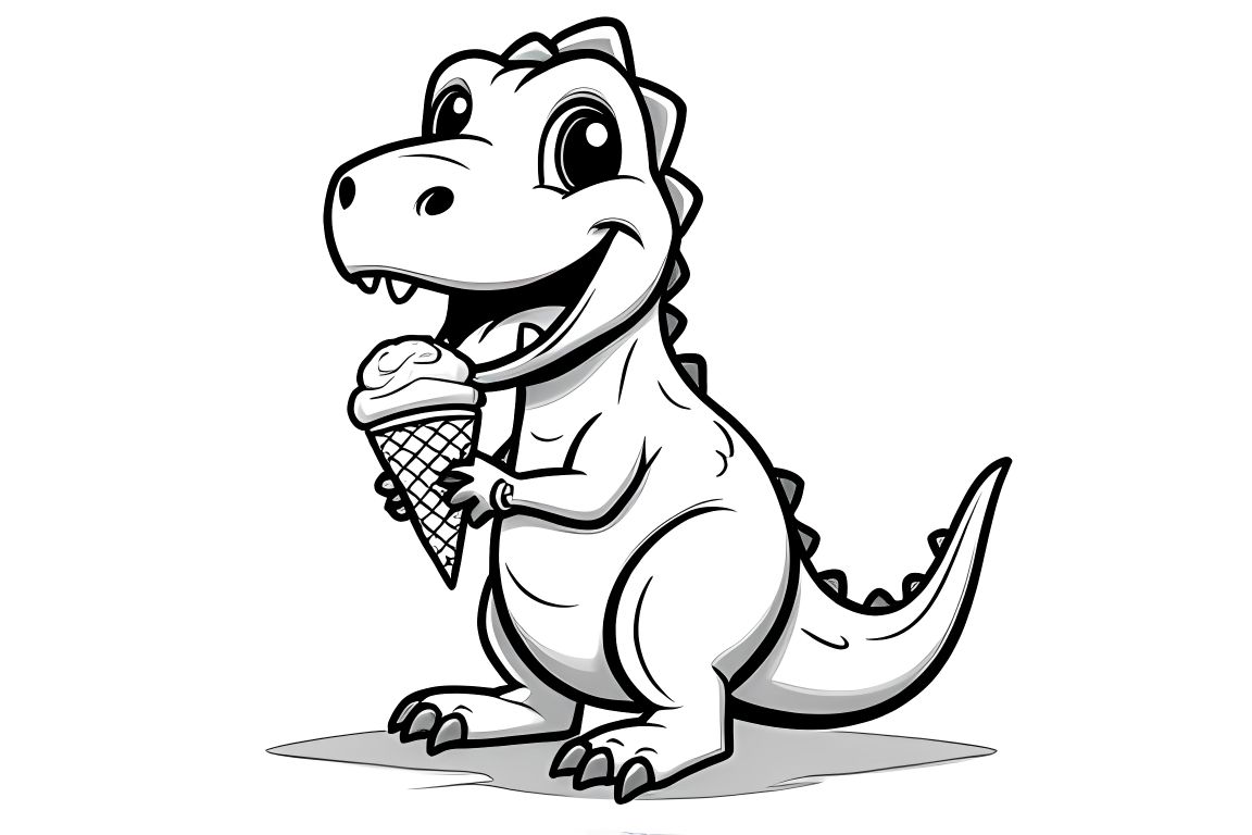Simple children's coloring book page of a happy T-Rex with an ice cream cone, perfect for toddlers