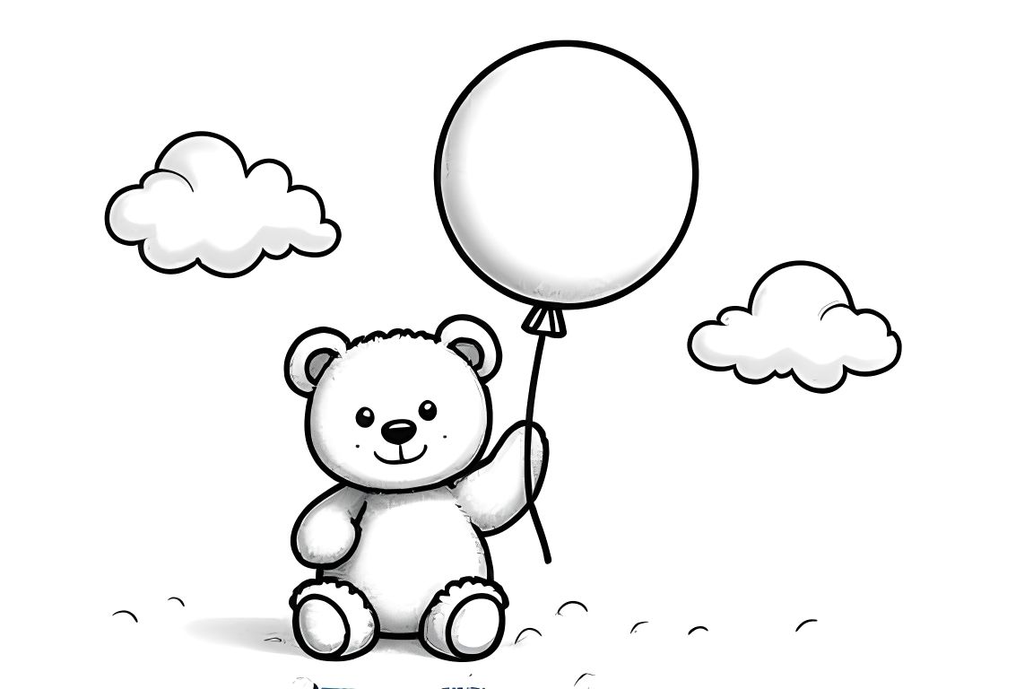 Simple children's coloring illustration of a teddy bear holding a balloon, designed for toddlers