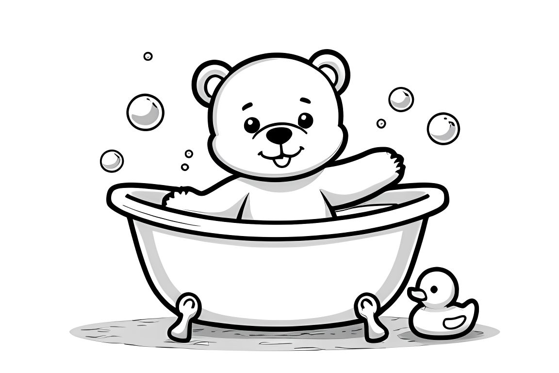 简单的儿童涂色插图，描绘了一只在浴缸里的泰迪熊 surrounded by bubbles，设计适合幼儿