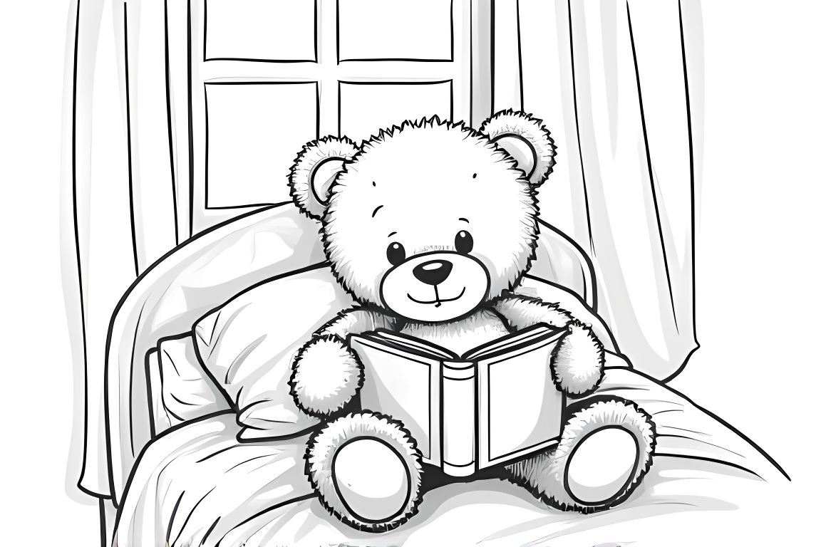 Simple children's coloring book page of a teddy bear reading a bedtime story, perfect for toddlers