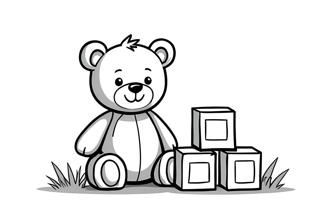 Simple children's coloring book page of a teddy bear with building blocks, perfect for toddlers learning shapes