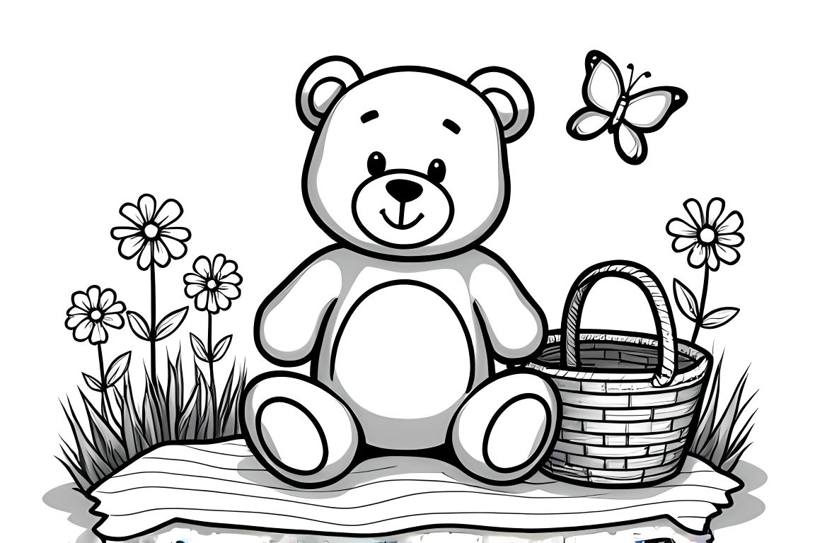 Simple children's coloring page showing a teddy bear having a picnic with basic shapes for toddlers