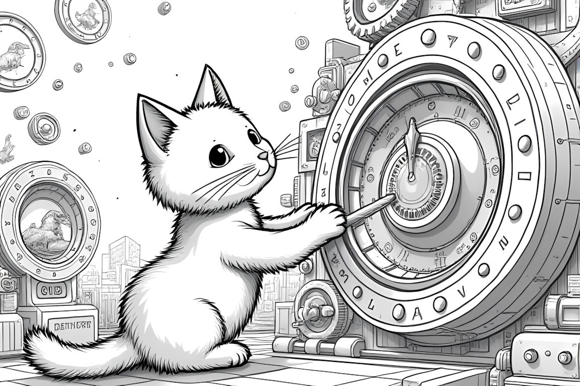Detailed coloring book illustration of kitten with time machine and historical elements