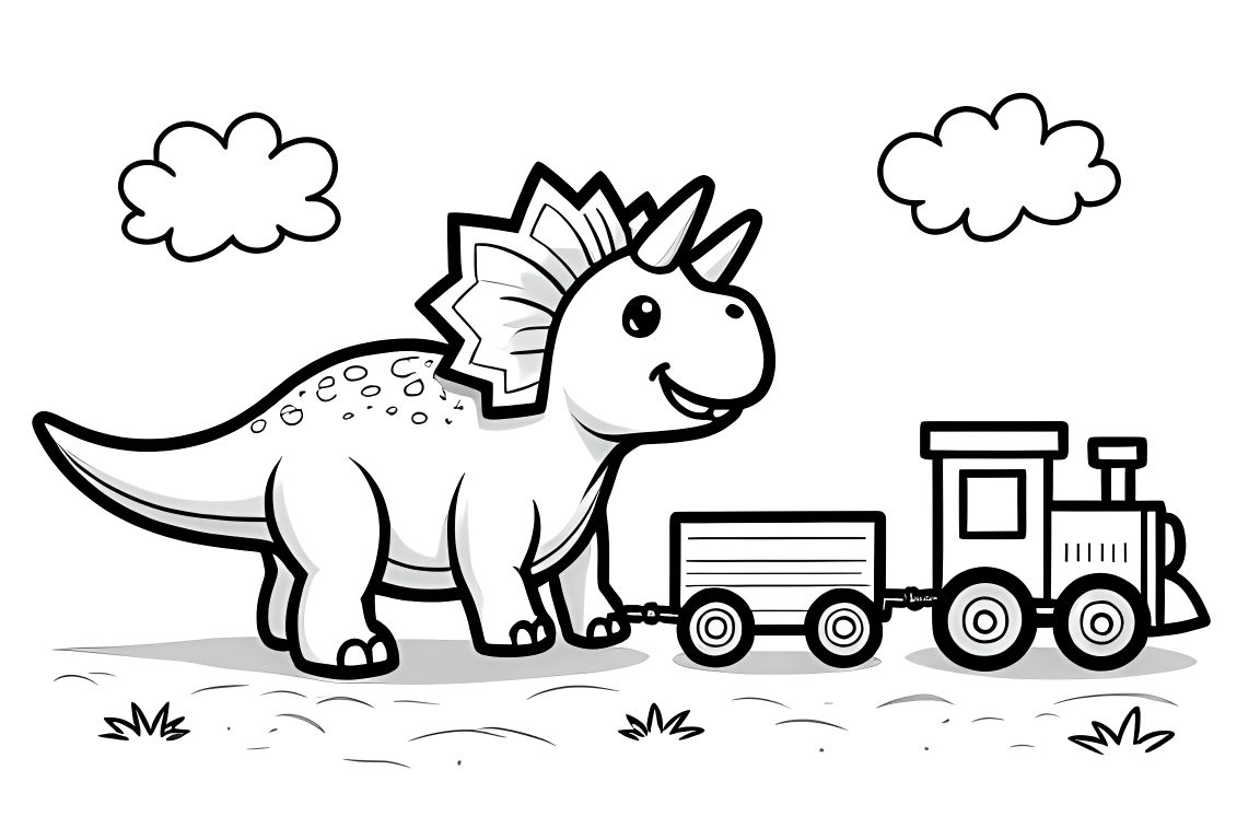 Simple children's coloring page featuring a friendly triceratops playing with a toy train, ideal for toddlers