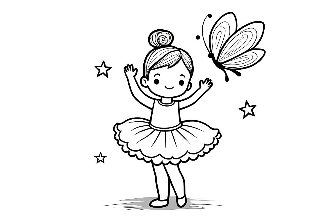 Simple children's coloring book page of a cute ballerina dancing with a butterfly, perfect for toddlers