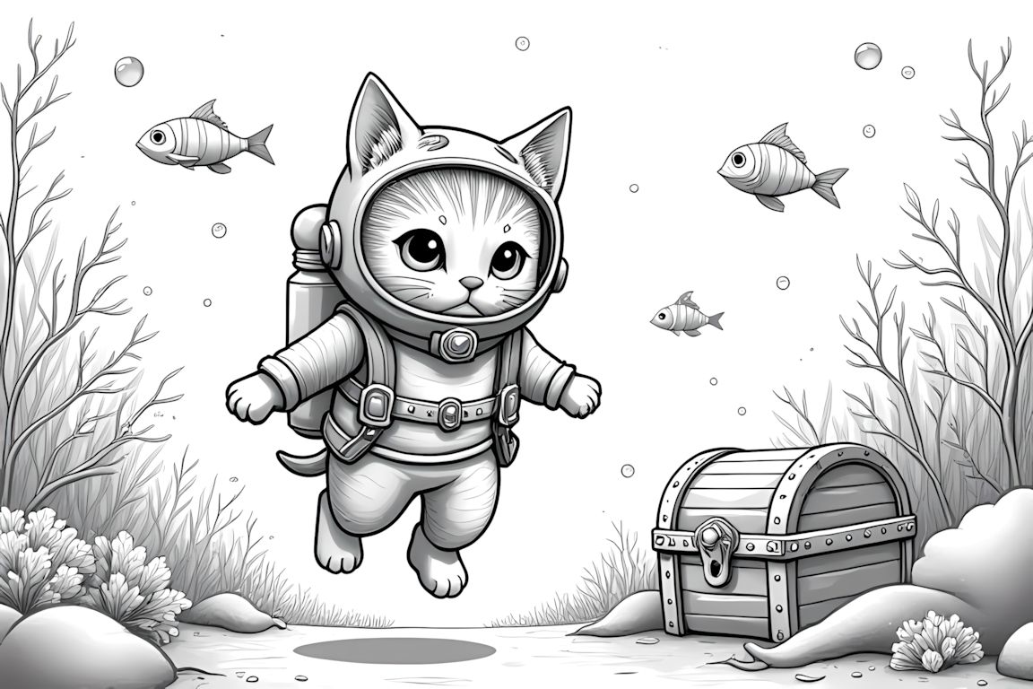 Detailed coloring book illustration of kitten deep sea explorer with marine life