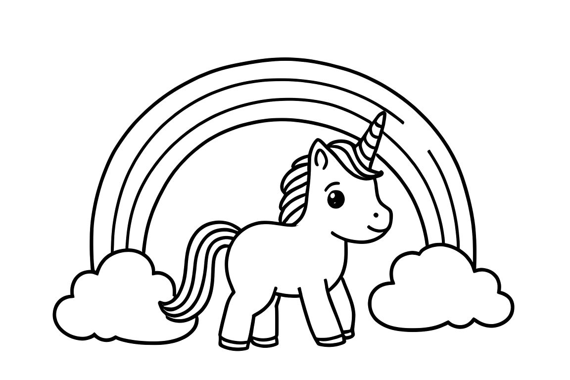 Simple children's coloring book illustration of a cute unicorn with rainbow and clouds, perfect for toddlers