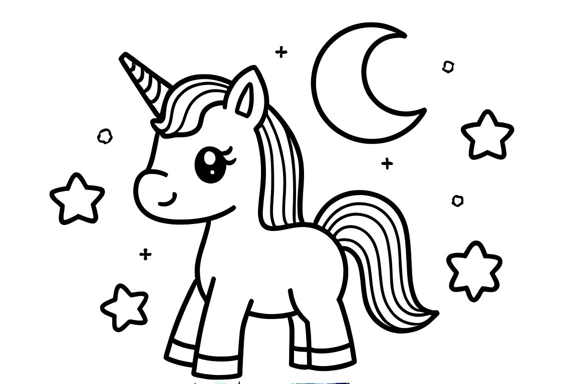 Simple children's coloring book illustration of a unicorn with stars and moon, perfect for toddlers