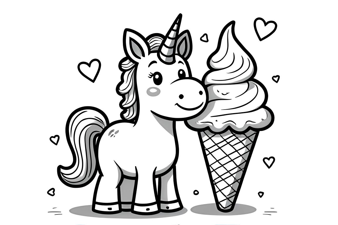 Simple children's coloring book page of a unicorn with a large ice cream cone and hearts