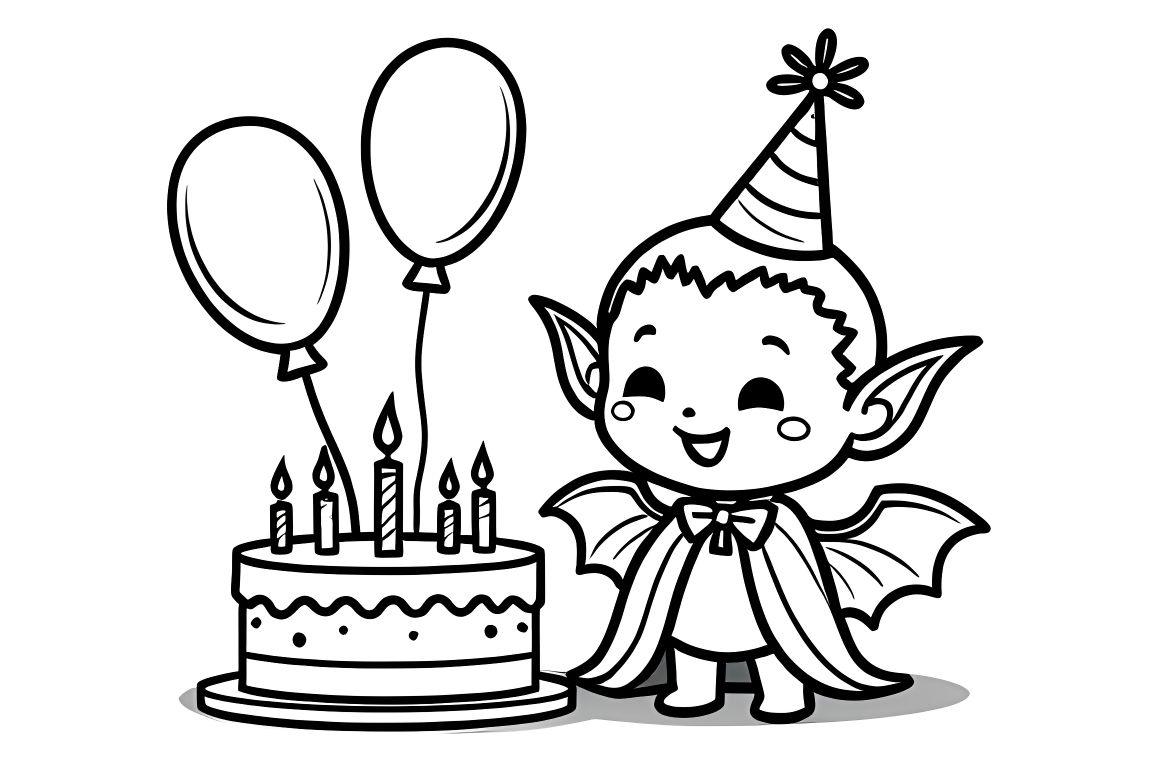 Simple children's coloring book page of a cute vampire at a birthday party with cake and balloons, perfect for toddlers