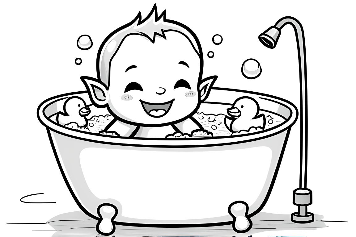 Simple children's coloring book illustration of a cute vampire taking a bubble bath with rubber ducks, perfect for toddlers