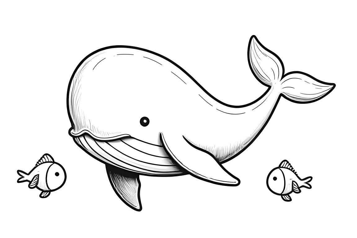 Simple children's coloring page featuring a friendly whale swimming with small fish, ideal for toddlers