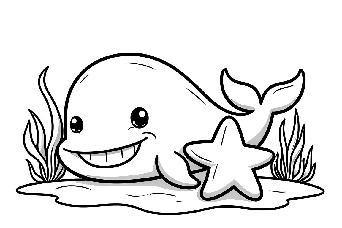 Simple children's coloring book page showing a whale and starfish with seaweed, perfect for toddlers