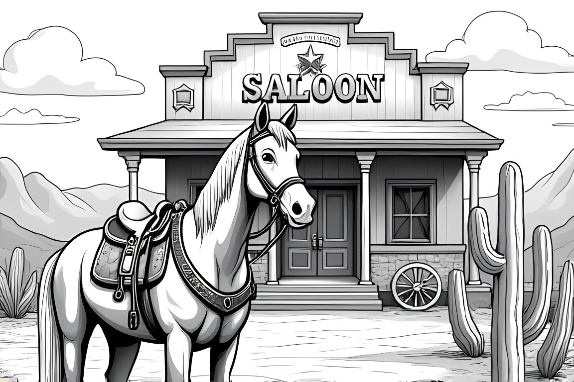 Detailed children's coloring book illustration of a horse in an Old West setting with Western decorations.