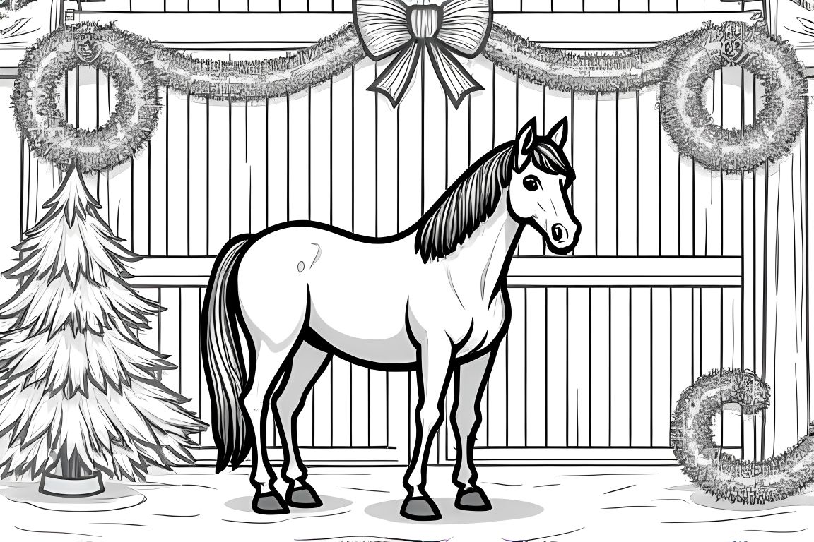 Children's coloring book illustration of a horse in a Christmas decorated stable with winter elements