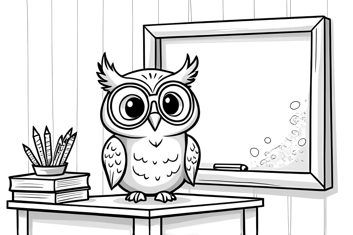 Coloring book illustration of a wise teacher owl with school supplies for elementary students