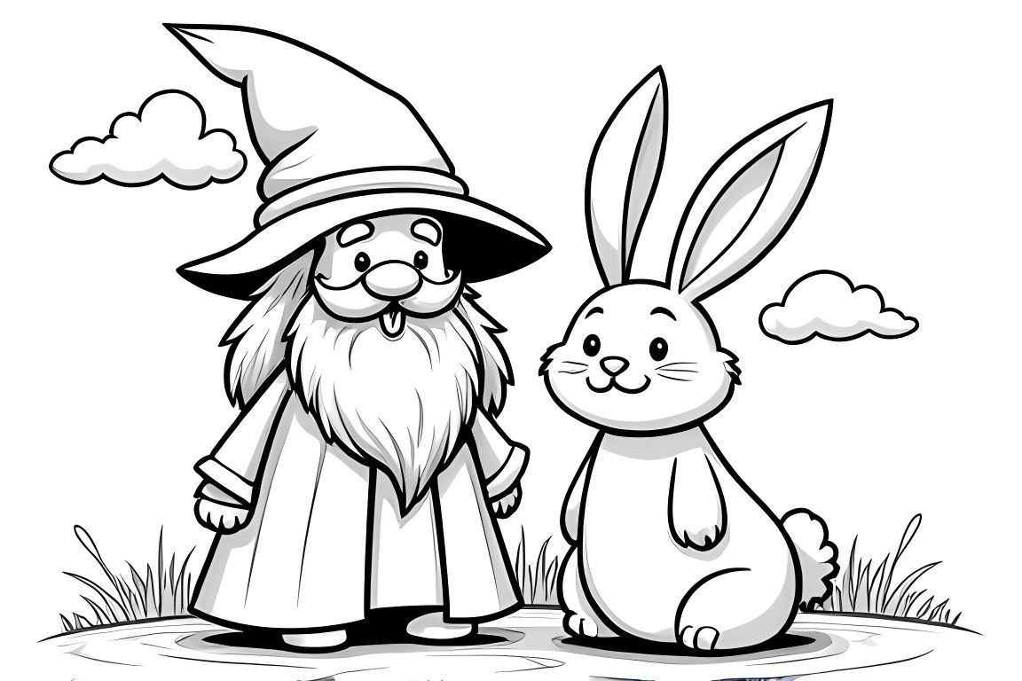 Simple children's coloring book illustration of a friendly wizard with a cute bunny rabbit, perfect for toddlers