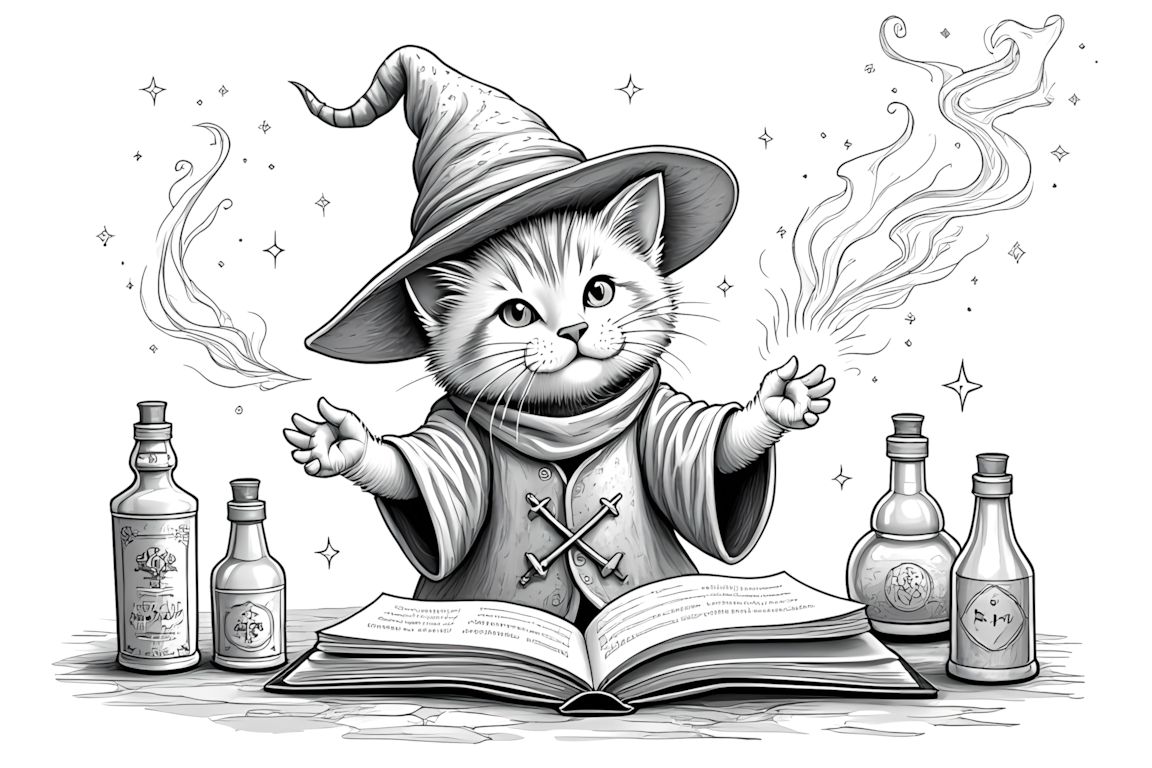Detailed coloring book illustration of kitten wizard casting spells in magical study