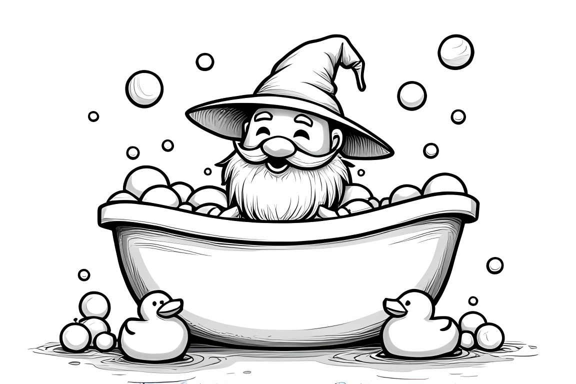 Simple children's coloring book illustration of a wizard playing with magic bubbles in a bathtub, perfect for toddlers