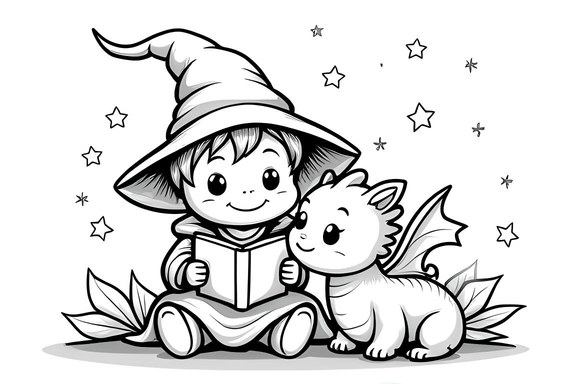Simple children's coloring book illustration of a wizard reading to a sleepy baby dragon, perfect for toddlers